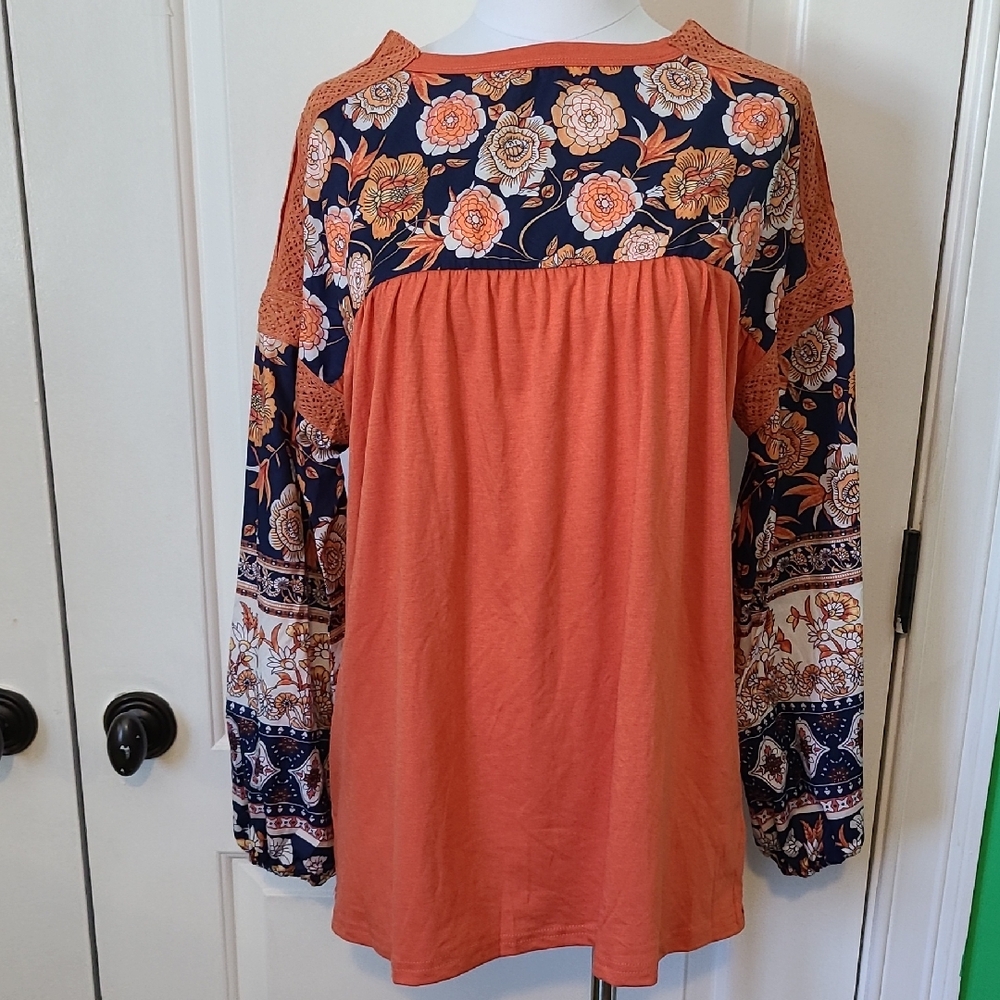 NWOT Orange Floral Peasant Sleeve Blouse